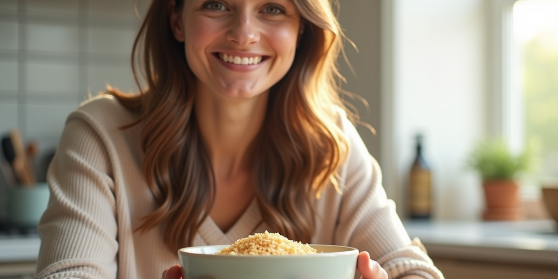 Jeune femme aux cheveux brillants souriante à la cuisine