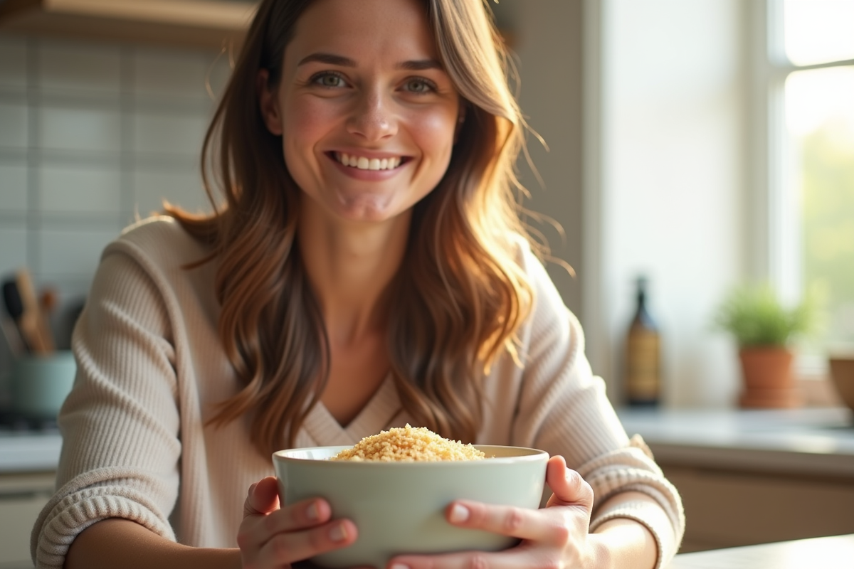 Jeune femme aux cheveux brillants souriante à la cuisine