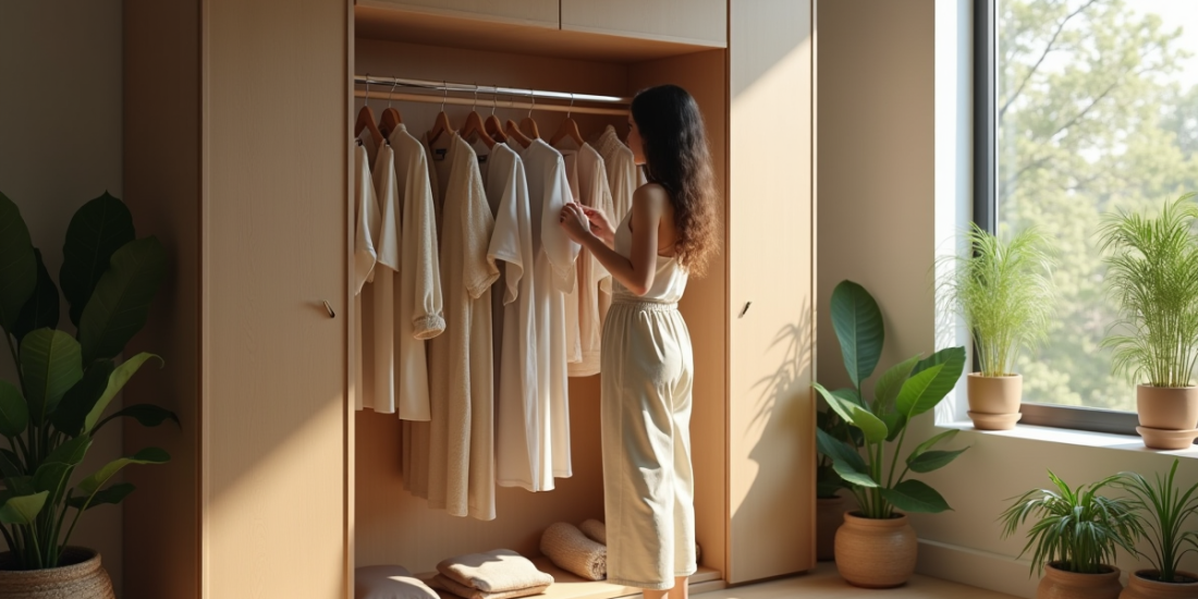 Jeune femme choisissant des vêtements bio devant une armoire minimaliste