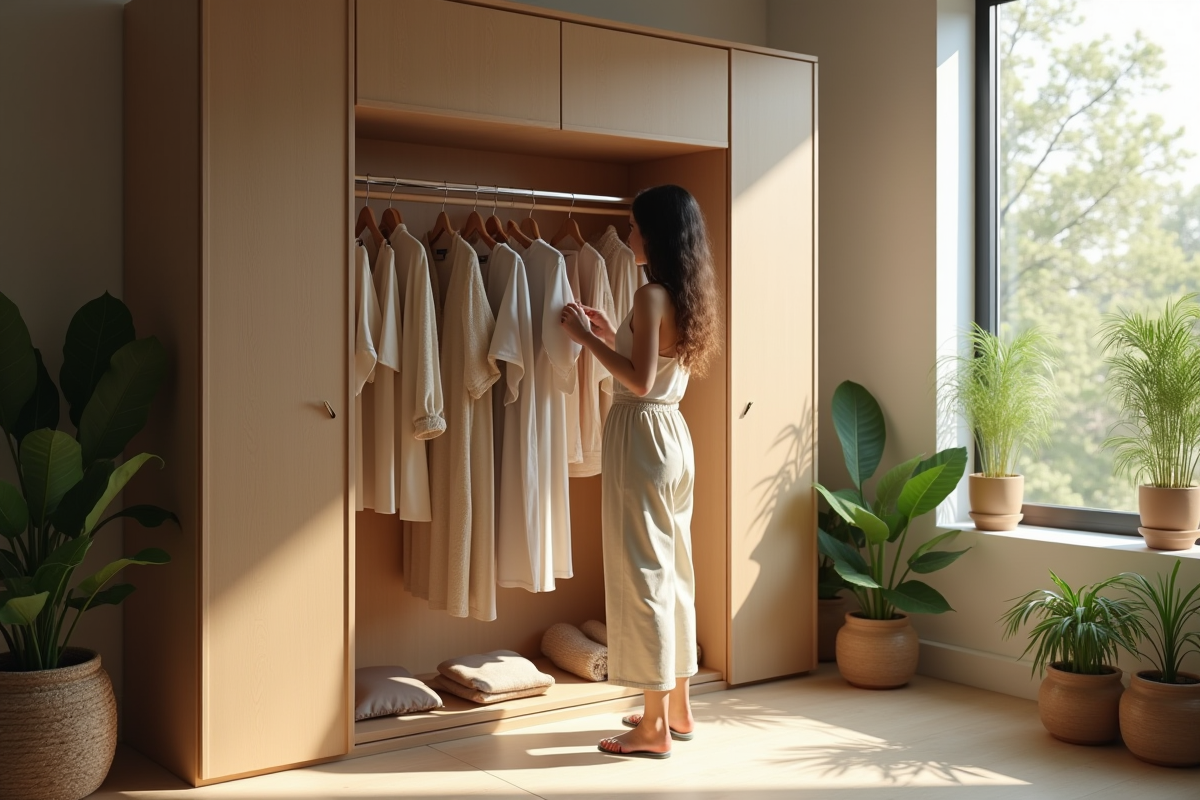 Jeune femme choisissant des vêtements bio devant une armoire minimaliste