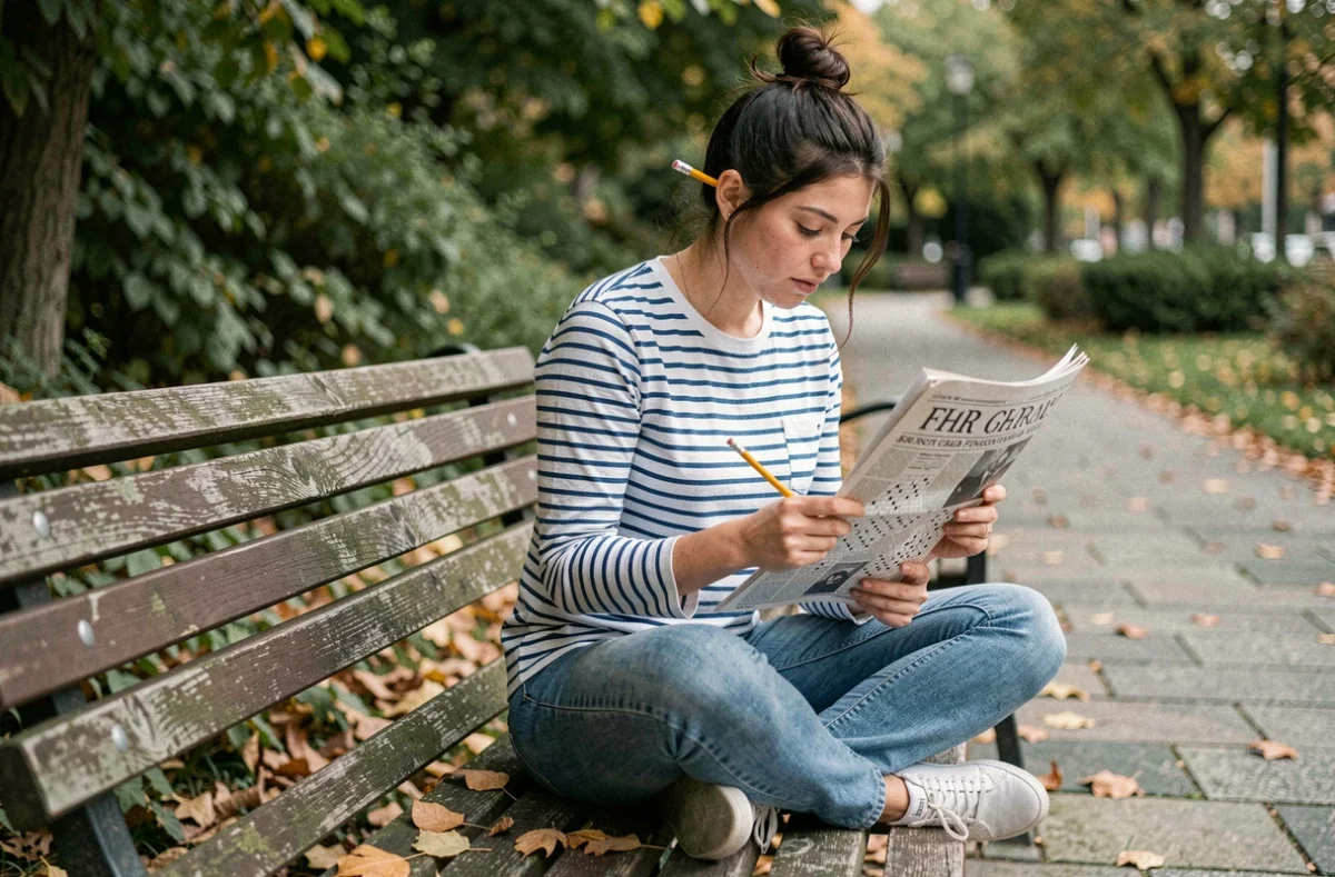 Jeune femme résolvant des mots fléchés sur un journal dans un parc urbain en automne
