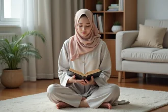 Jeune femme musulmane priant dans un salon paisible