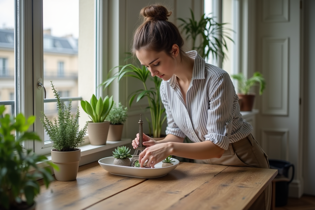 Jeune femme arrangeant des succulentes dans un appartement parisien