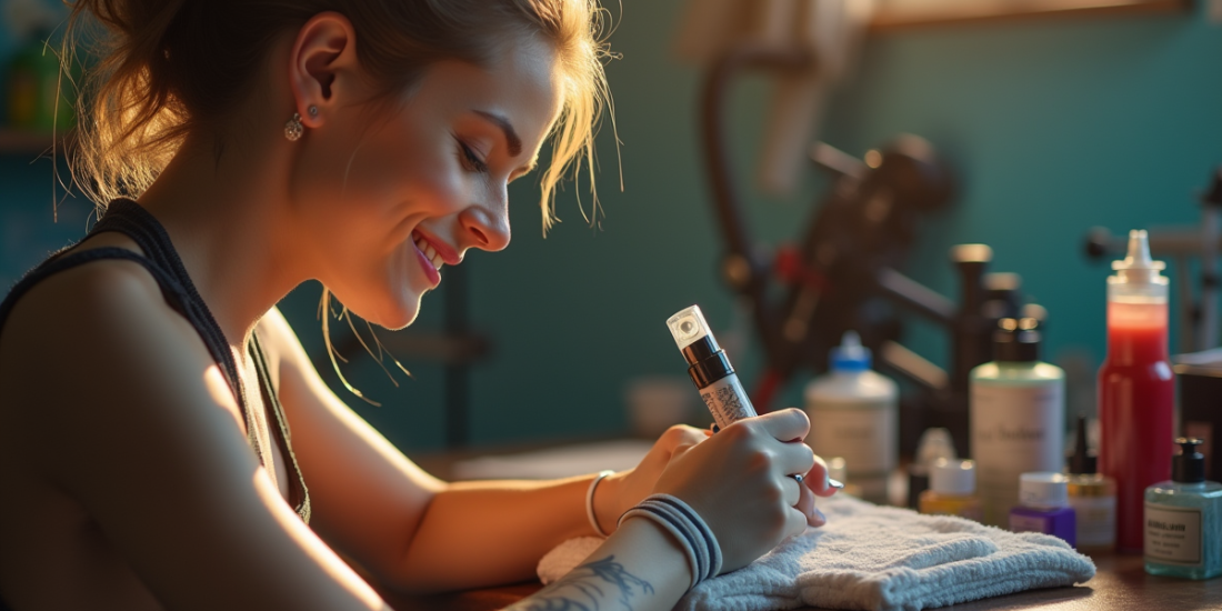 Jeune femme souriante dans un studio de tatouage ensoleille