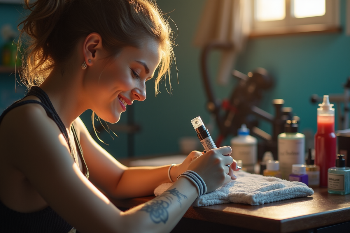 Jeune femme souriante dans un studio de tatouage ensoleille