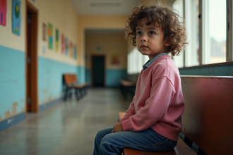 Jeune fille assise pensivement dans un couloir scolaire