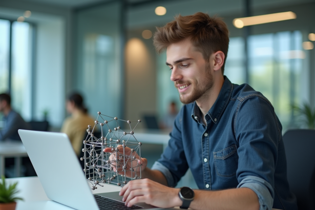 Jeune homme étudiant un modèle de blockchain dans un bureau moderne