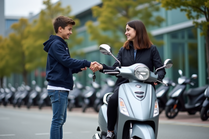 Jeune garçon recevant les clés d'un scooter argenté