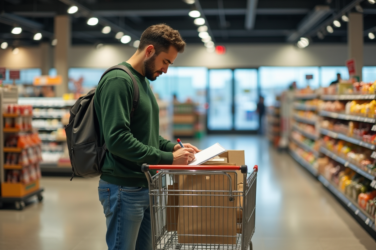 Jeune homme remplissant un formulaire à la caisse du supermarché