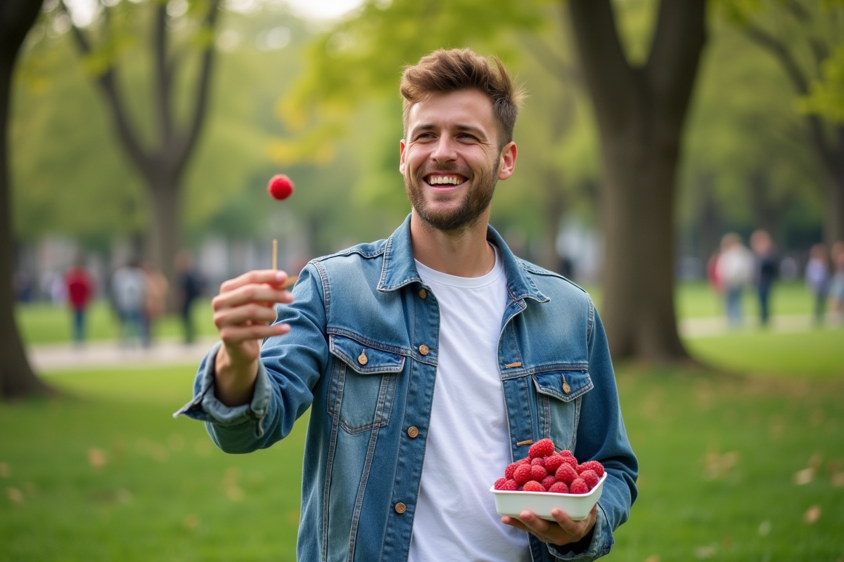 Jeune homme souriant avec des baies dans un parc en plein air