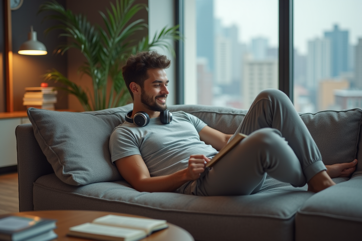 Jeune homme lisant dans un salon moderne