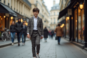 Jeune garçon élégant en costume à Paris