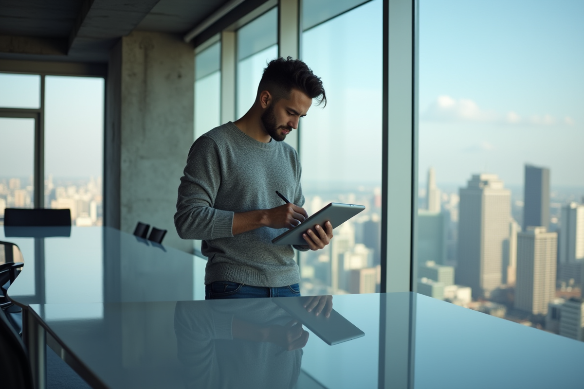 Jeune homme au bureau avec vue sur la ville utilisant une tablette