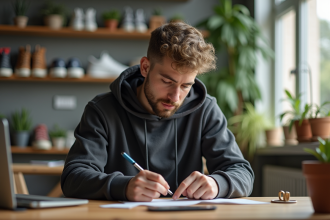 Jeune homme inspectant les étiquettes d’un sweat streetwear