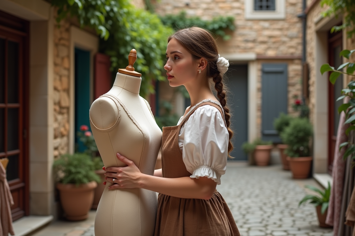 Jeune couturière dans une cour européenne artisanale