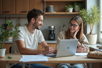 Jeunes adultes discutant autour de papiers de location dans une cuisine moderne