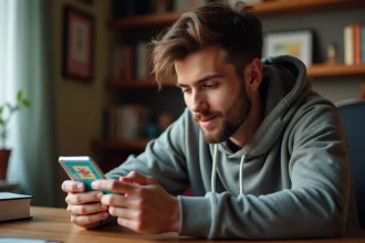 Joueur de Monopoly GO concentré sur son smartphone cherchant à rejoindre le club magnat