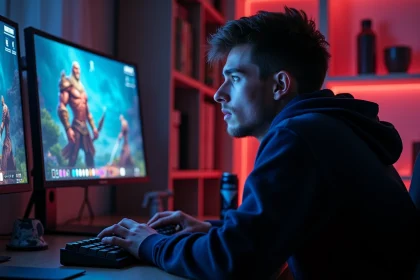 Joueur solo concentré devant son écran lors d'une quête MMORPG solo