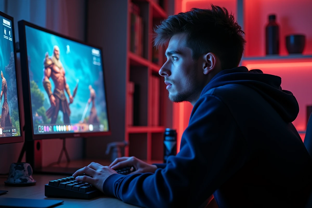 Joueur solo concentré devant son écran lors d'une quête MMORPG solo