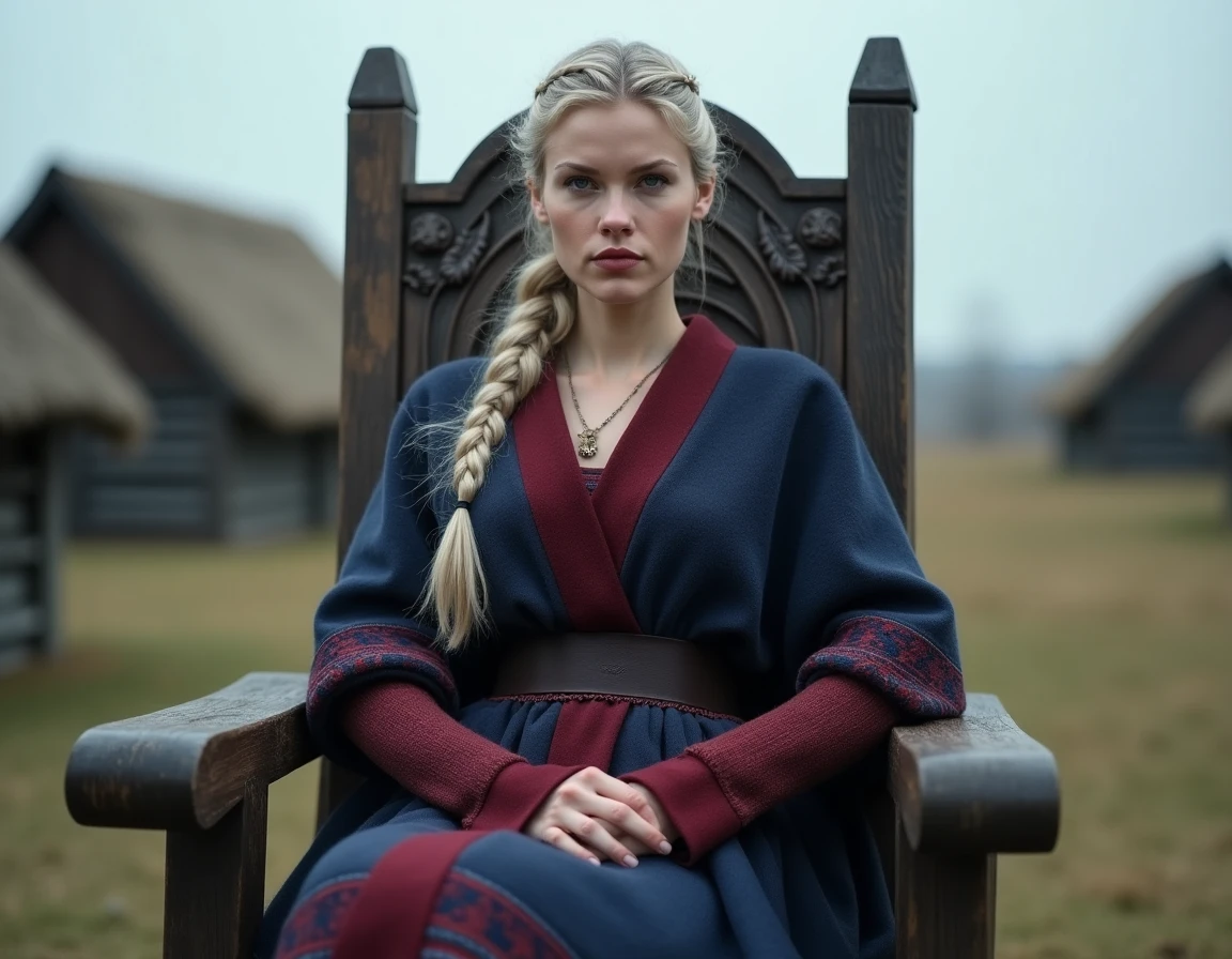 Femme nordique en robe médiévale brodée assise sur un trône de bois dans un village viking, portrait de chef inspiré du personnage de Lagertha