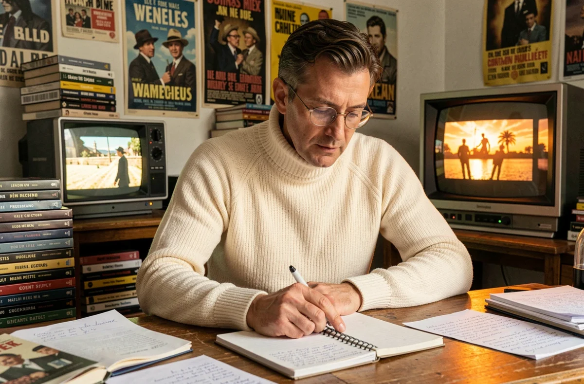 Cinéphile passionné entouré de cassettes VHS et d'affiches de films dans un appartement parisien, références culturelles de L'Amour Ouf Netflix