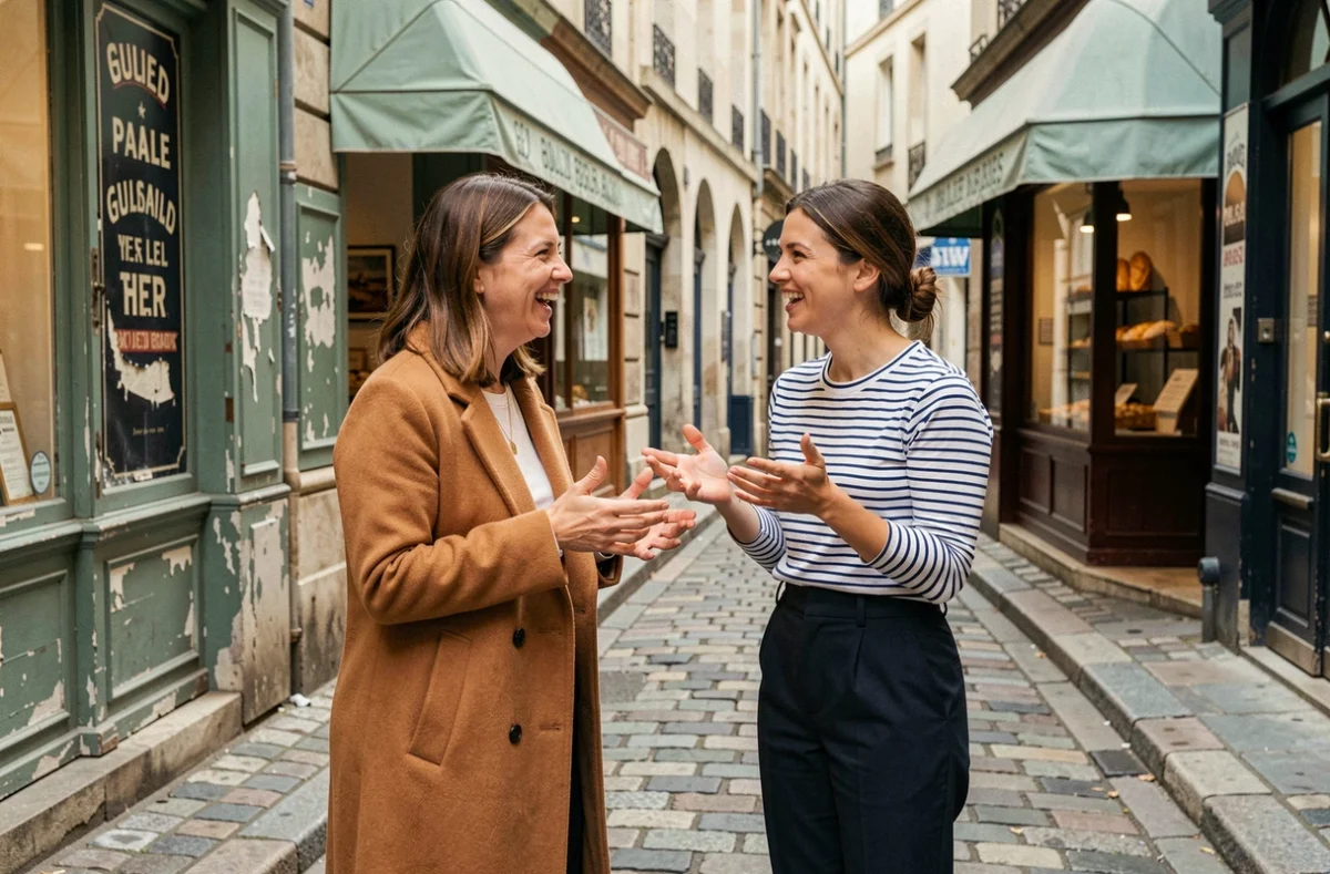 Deux femmes en conversation animée dans une ruelle pavée française, ambiance cinéma nostalgique en lien avec les références culturelles de L'Amour Ouf sur Netflix