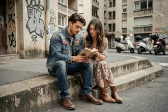 Jeune couple lisant un livre sur des marches en béton devant un immeuble urbain, ambiance années 80 évoquant L'Amour Ouf sur Netflix