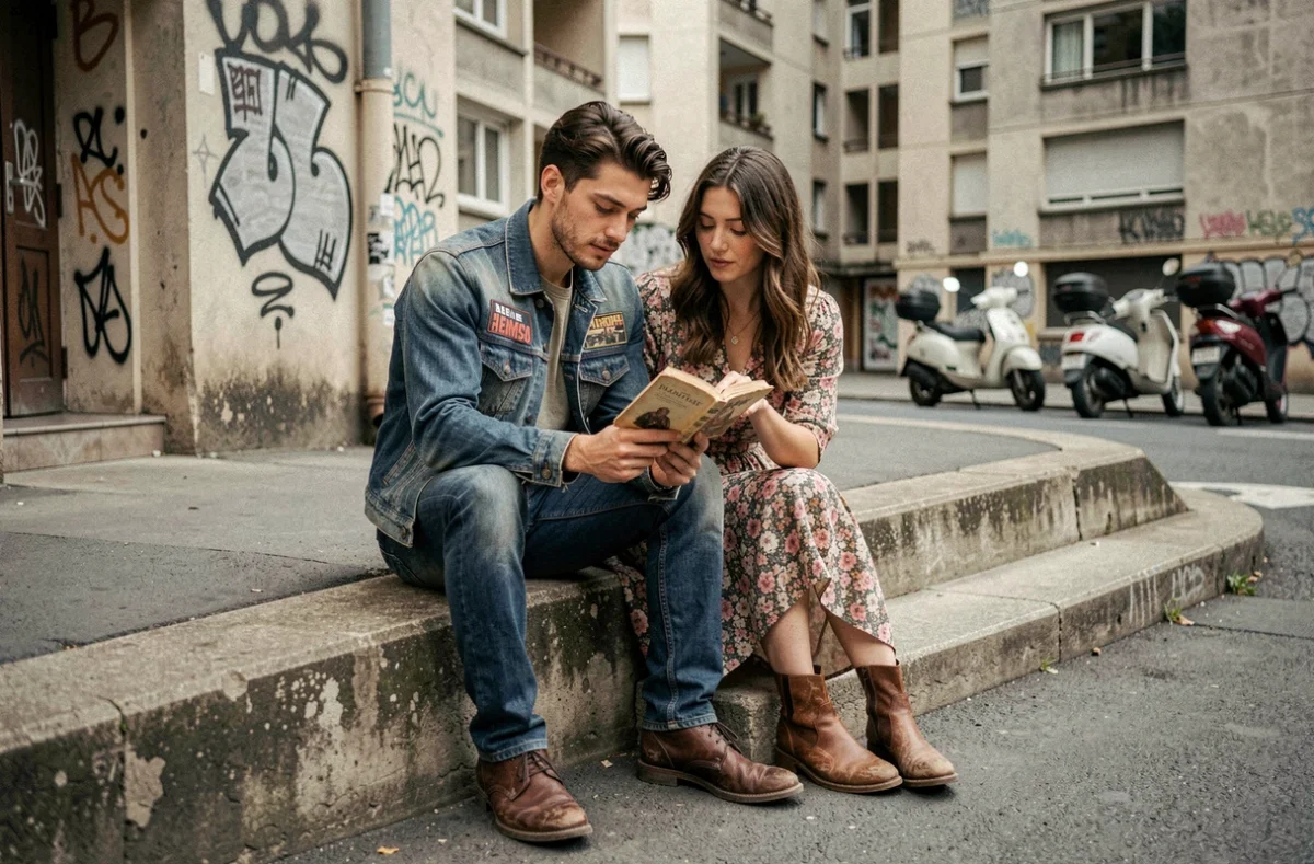 Jeune couple lisant un livre sur des marches en béton devant un immeuble urbain, ambiance années 80 évoquant L'Amour Ouf sur Netflix