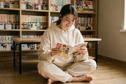 Jeune femme lisant un manga assis sur le sol d'un appartement cosy entouré d'étagères remplies de volumes manga en VF