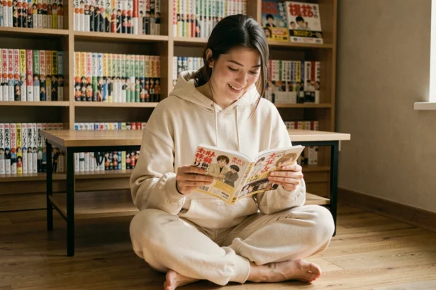 Jeune femme lisant un manga assis sur le sol d'un appartement cosy entouré d'étagères remplies de volumes manga en VF