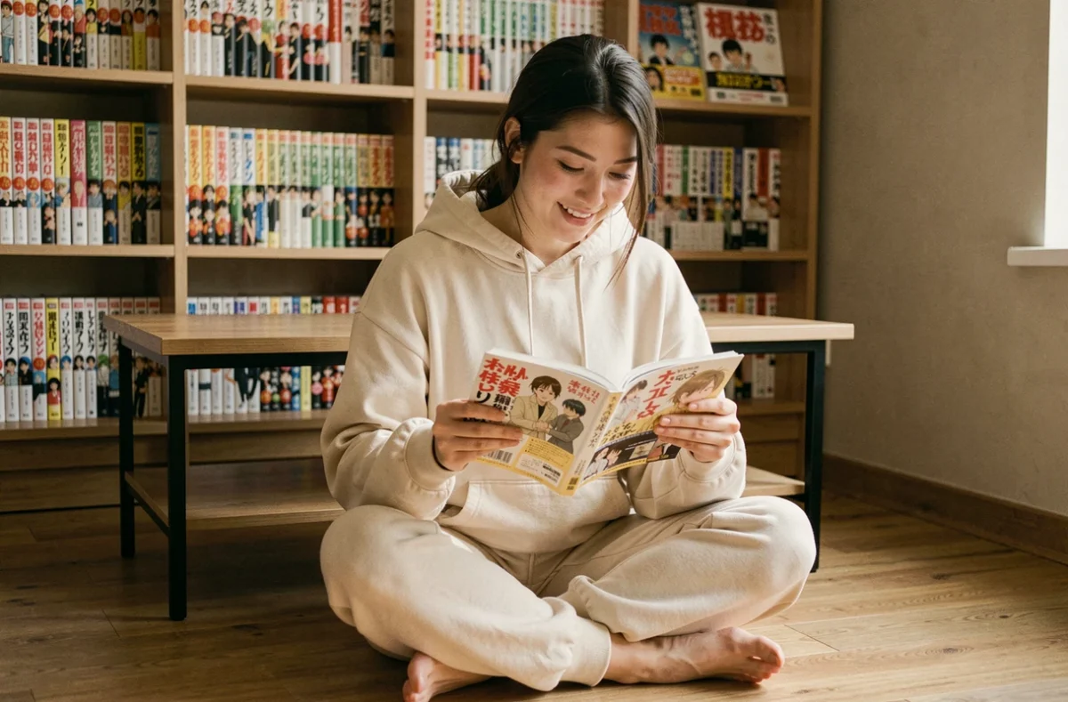 Jeune femme lisant un manga assis sur le sol d'un appartement cosy entouré d'étagères remplies de volumes manga en VF