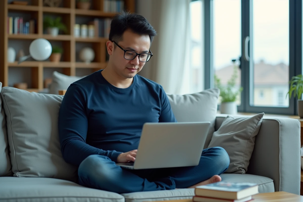 Homme lisant des séries de manga en ligne sur son ordinateur portable depuis son salon confortable