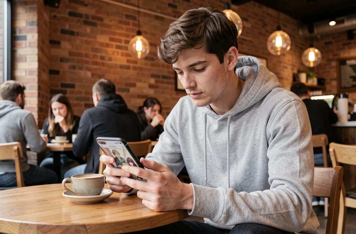 Jeune homme lisant un manhwa Just Friends sur smartphone dans un café urbain