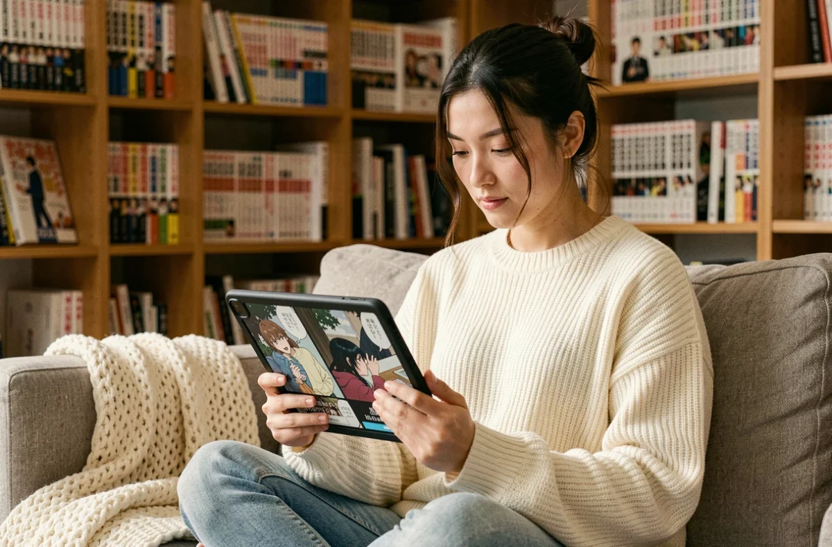Jeune femme lisant un manhwa en VF sur tablette dans un appartement cosy