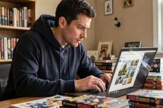 Homme lisant des scans de manga sur un laptop dans un bureau cosy entouré de bandes dessinées en 2026