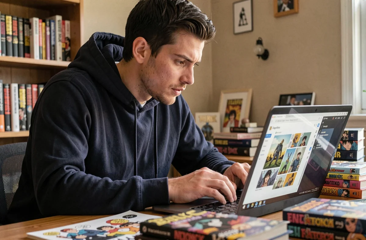 Homme lisant des scans de manga sur un laptop dans un bureau cosy entouré de bandes dessinées en 2026