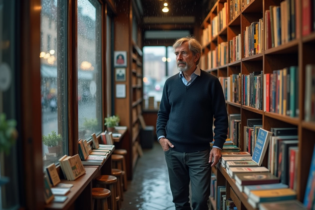 Homme feuilletant des livres dans une librairie indépendante de Strasbourg par mauvais temps