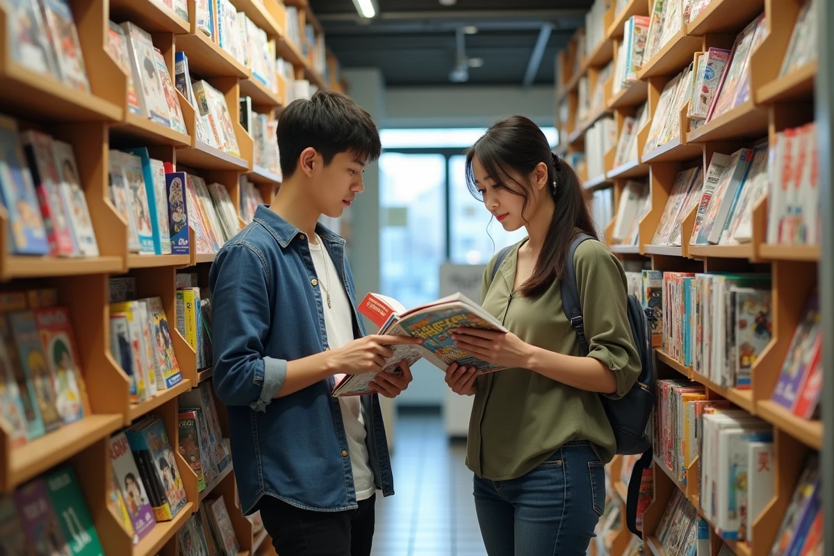 Deux passionnés de manga comparant des séries dans une librairie spécialisée bien organisée