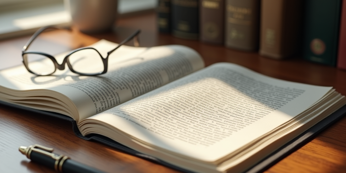 Livre juridique ouvert avec documents et lunettes sur bureau