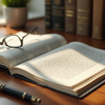 Livre juridique ouvert avec documents et lunettes sur bureau