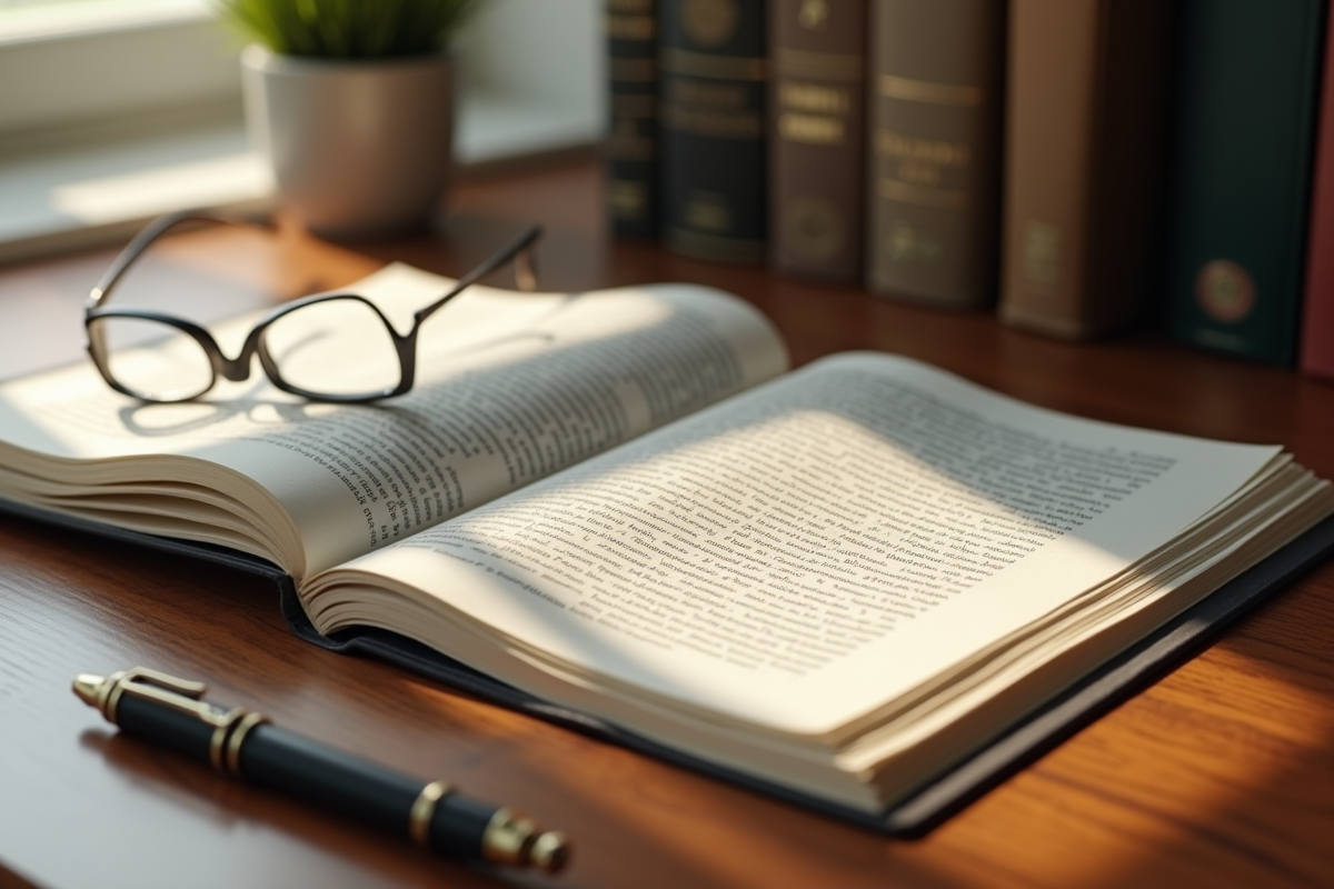 Livre juridique ouvert avec documents et lunettes sur bureau