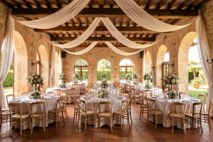 Salle de réception élégante dans le Var avec décoration provençale, tables dressées et vue sur jardin méditerranéen