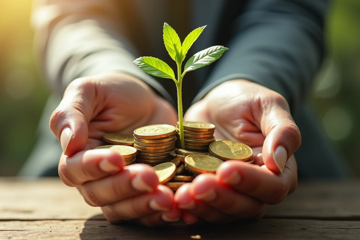 Mains tenant une plante sur des pièces d or en croissance