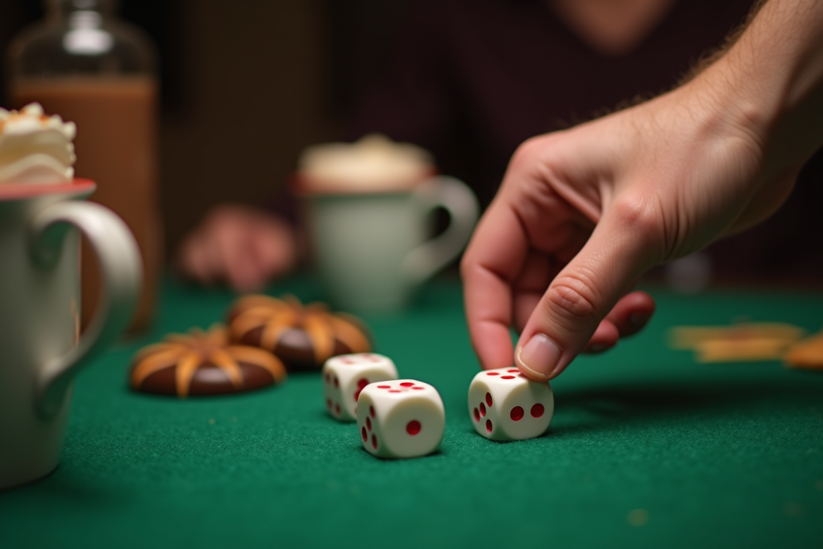 Mains lançant trois dés pour le jeu 421 sur tapis vert