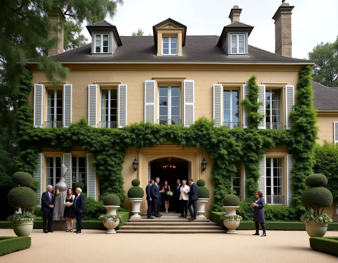 Façade en pierre de La Maison Cardinale en Gironde, avec une cour gravillonnée et des invités en tenue de soirée lors d'une réception élégante