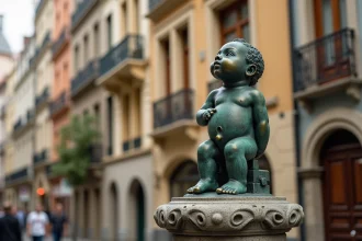 La statue du Manneken-Pis en bronze sur son piédestal baroque à Bruxelles, photographiée en contre-plongée avec façades belges en arrière-plan flou