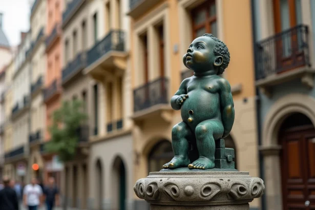 La statue du Manneken-Pis en bronze sur son piédestal baroque à Bruxelles, photographiée en contre-plongée avec façades belges en arrière-plan flou