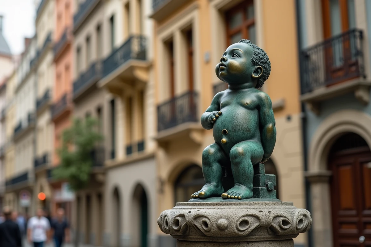 La statue du Manneken-Pis en bronze sur son piédestal baroque à Bruxelles, photographiée en contre-plongée avec façades belges en arrière-plan flou