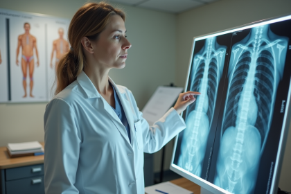 Medecin femme examine radiographies pulmonaires en cabinet
