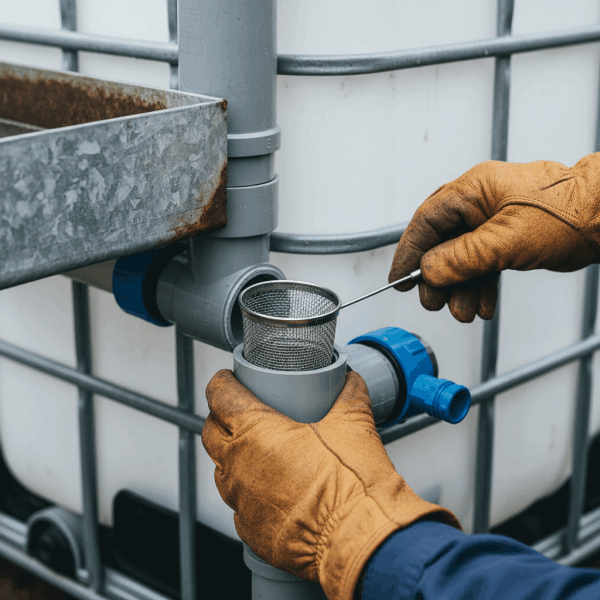 Détail du système de filtration et raccordement entre gouttière et cuve de stockage d'eau agricole